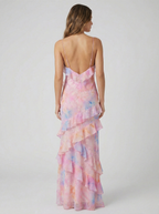 Floral Ruffle Maxi Dress - Pink/Yellow Chiffon Gown with Spaghetti Straps and Tiered Ruffles — Image 2