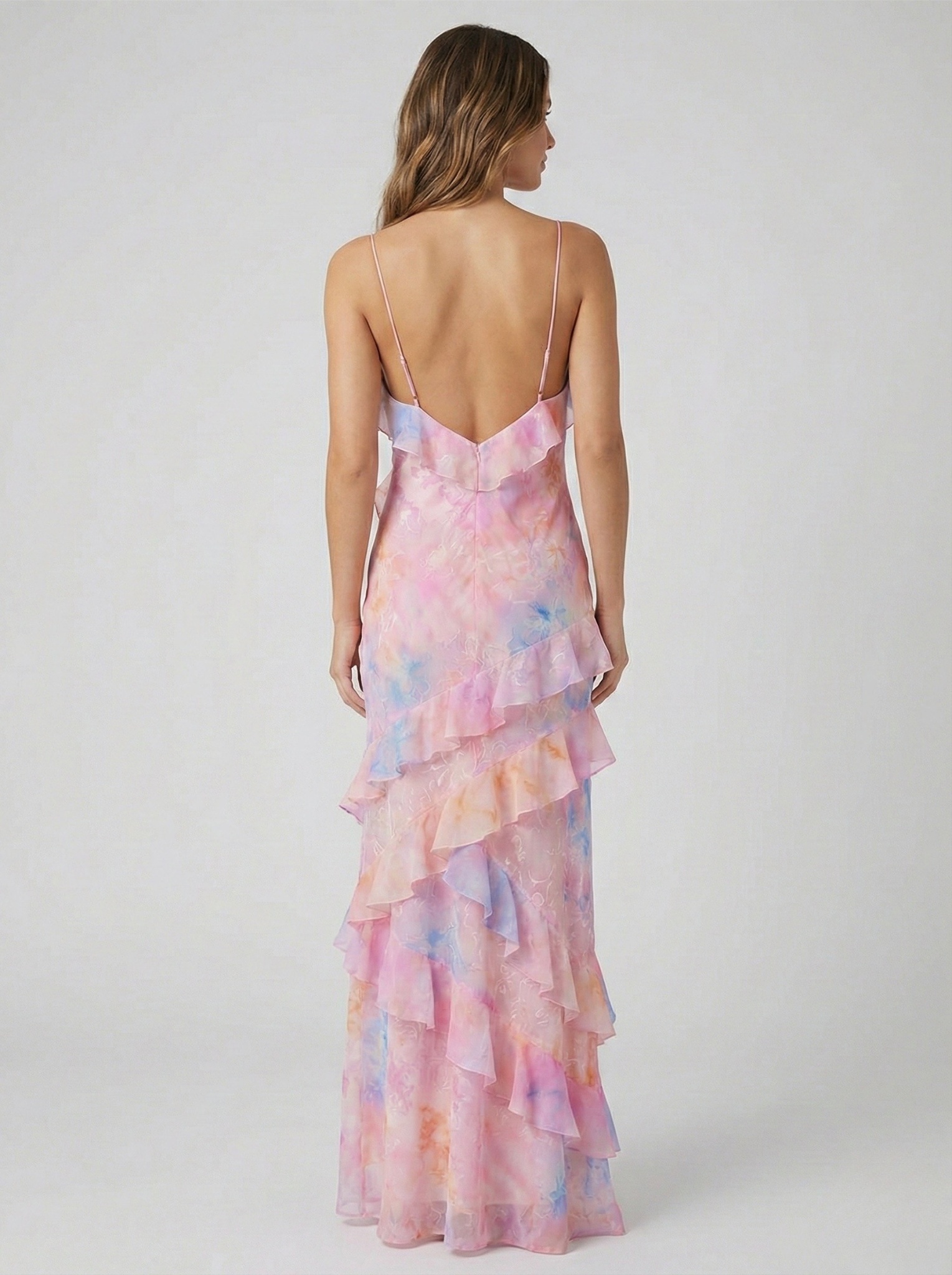 Floral Ruffle Maxi Dress - Pink/Yellow Chiffon Gown with Spaghetti Straps and Tiered Ruffles — Image 2