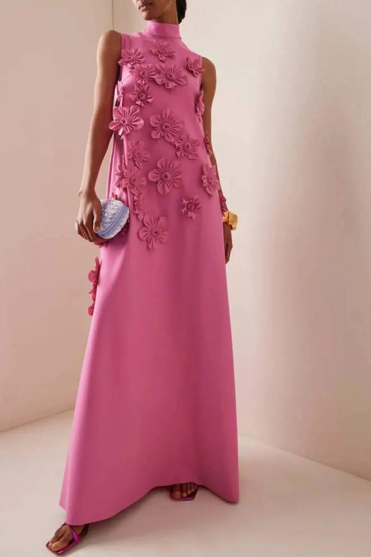 Pink Floral Appliqué Maxi Dress High Neck Sleeveless Women's Gown — Image 2