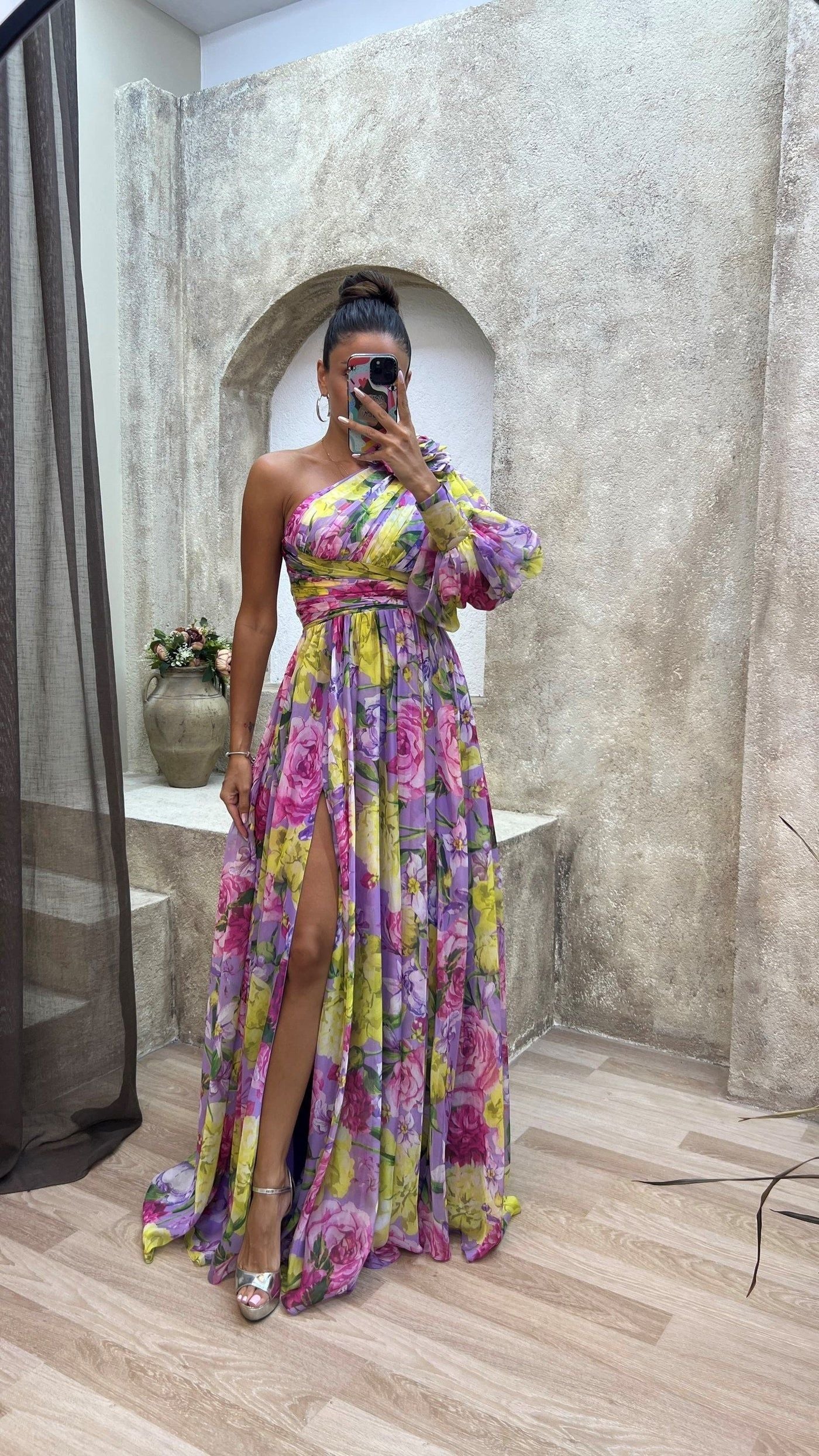 Floral One-Shoulder Maxi Dress with Slit - Women's Evening Gown Multicolor Chiffon — Image 2