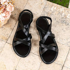 Criss Cross Ankle Strap Sandals Women's Flat Summer Shoes Tan Faux Leather — Image 9