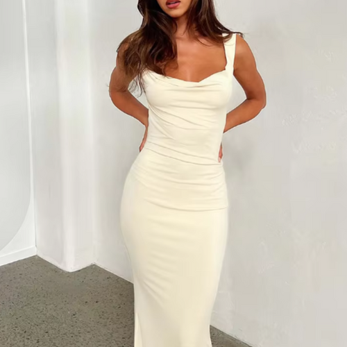Cowl Neck Maxi Dress, Backless Evening Gown, Black, White, Brown, Green — Image 2