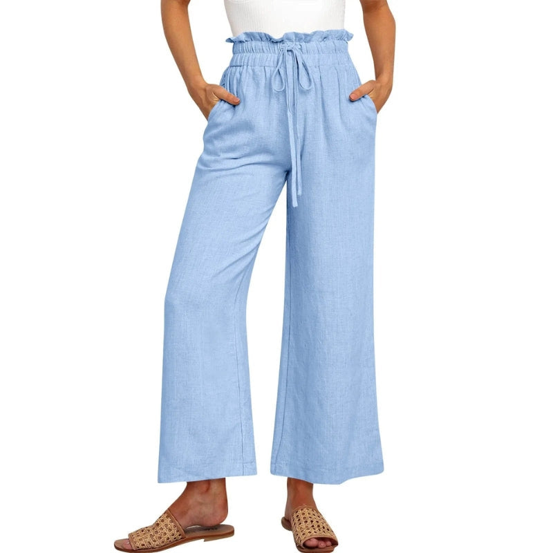 Women's Linen Wide Leg Pants High Waist Elastic Drawstring Casual Trousers — Image 5
