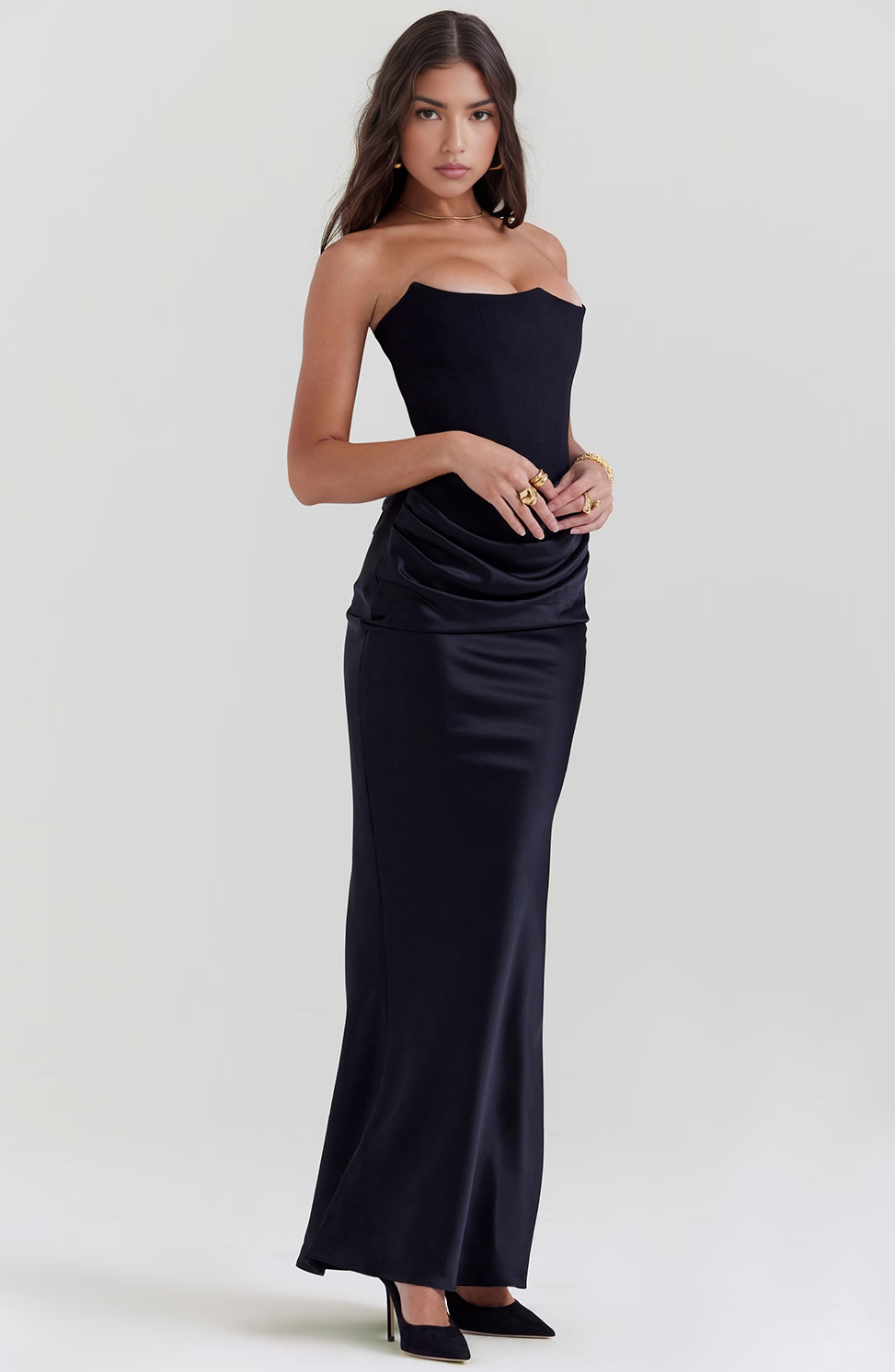 Strapless Corset Maxi Dress Satin Formal Evening Gown - Black, White, Pink, Taupe — Image 5