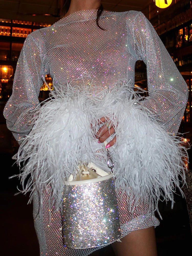 Sequin Mini Dress with Feather Cuffs - Sparkly Polyester Party Dress — Image 2