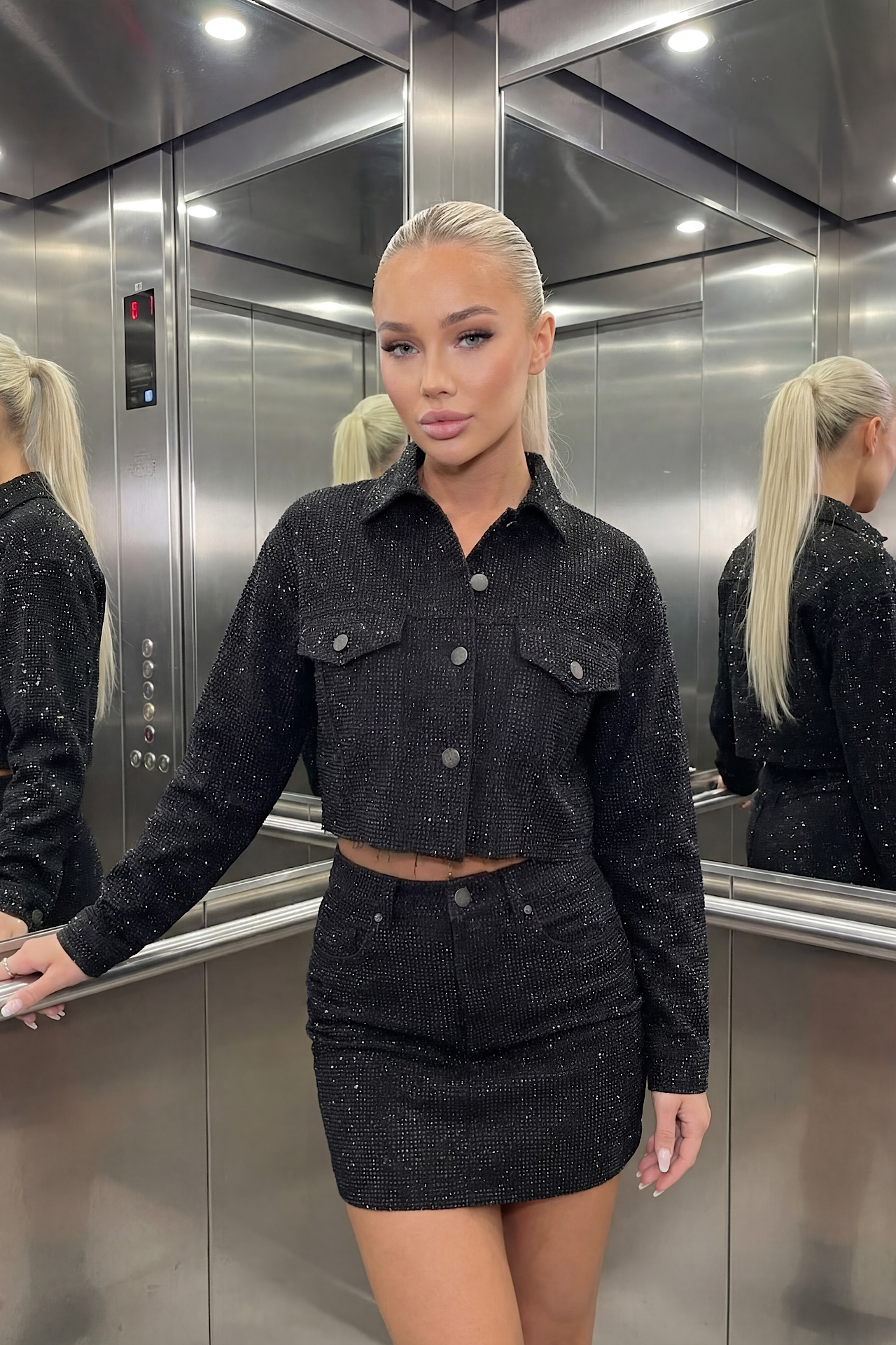 Black Sparkle Mini Skirt and Strapless Top Set with Rhinestones — Image 3