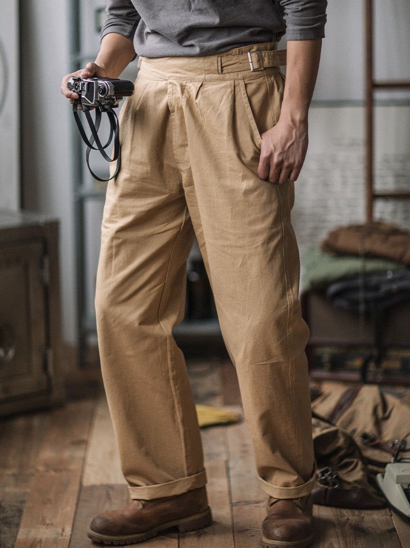Vintage Style Men's Work Pants Cotton Canvas Khaki High Waist Pleated — Image 3
