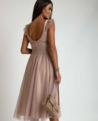 Pink Tulle Ruffled Sleeve Midi Dress - Elegant Women's Formal Party Dress — Image 3