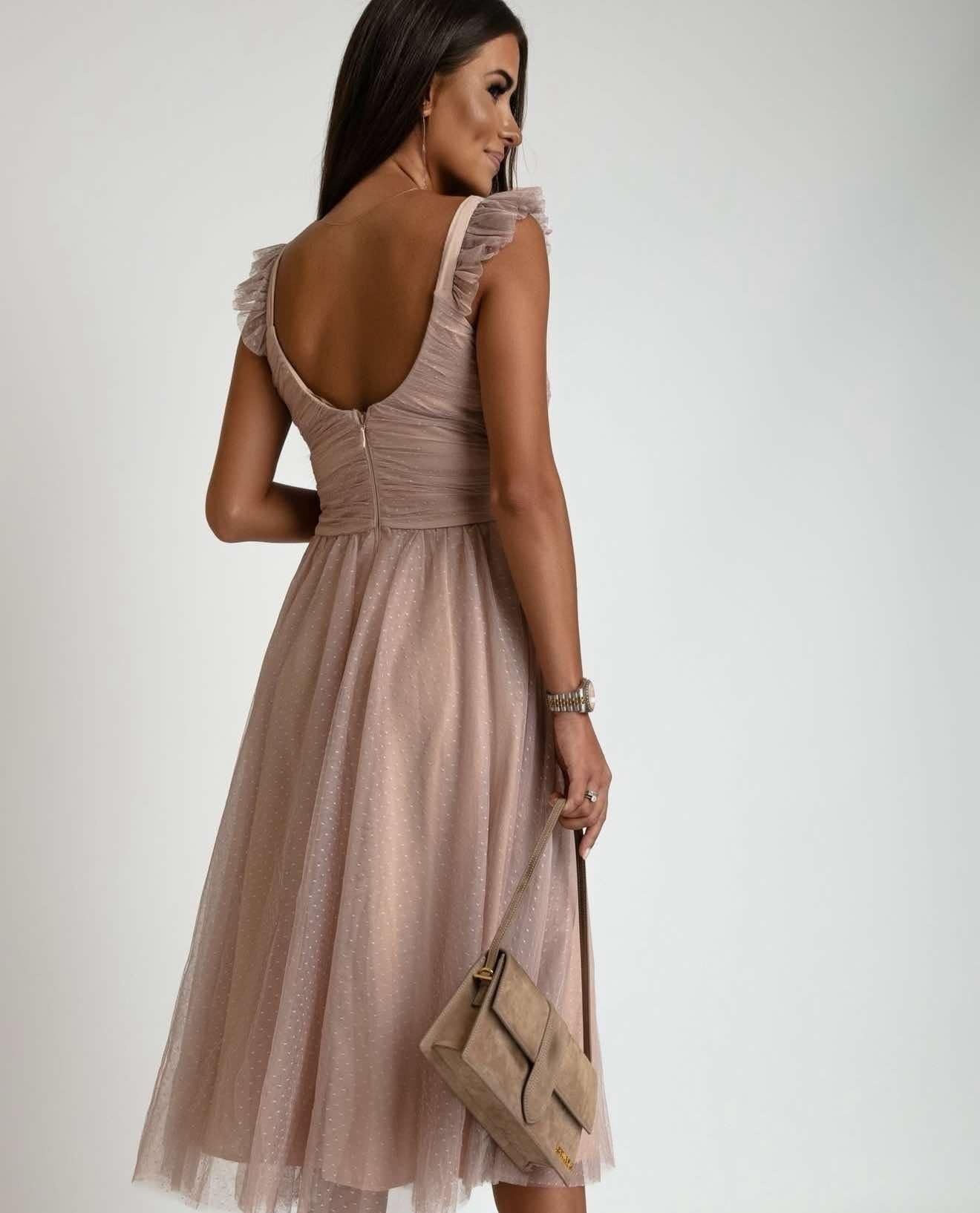 Pink Tulle Ruffled Sleeve Midi Dress - Elegant Women's Formal Party Dress — Image 3