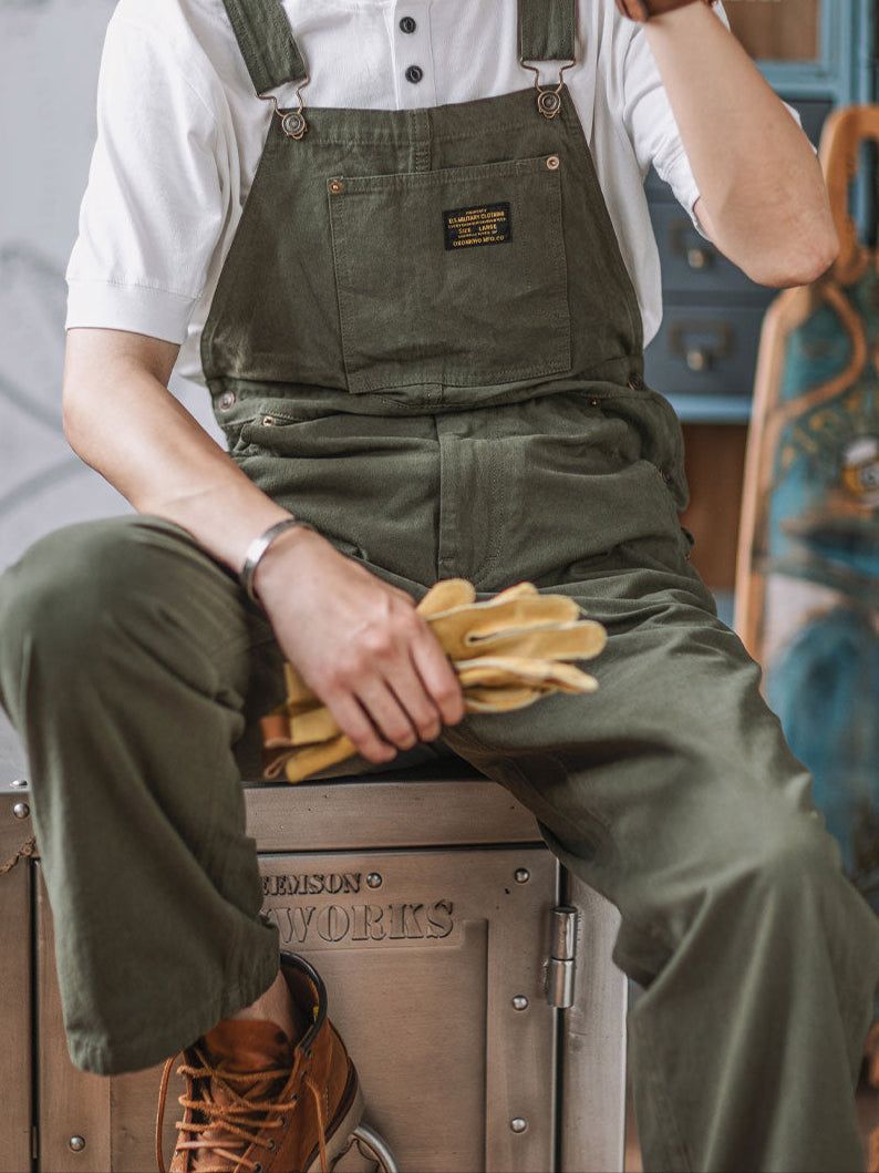 Men's Cotton Overalls Vintage Workwear Tan Olive Beige Adjustable Straps Pockets — Image 2