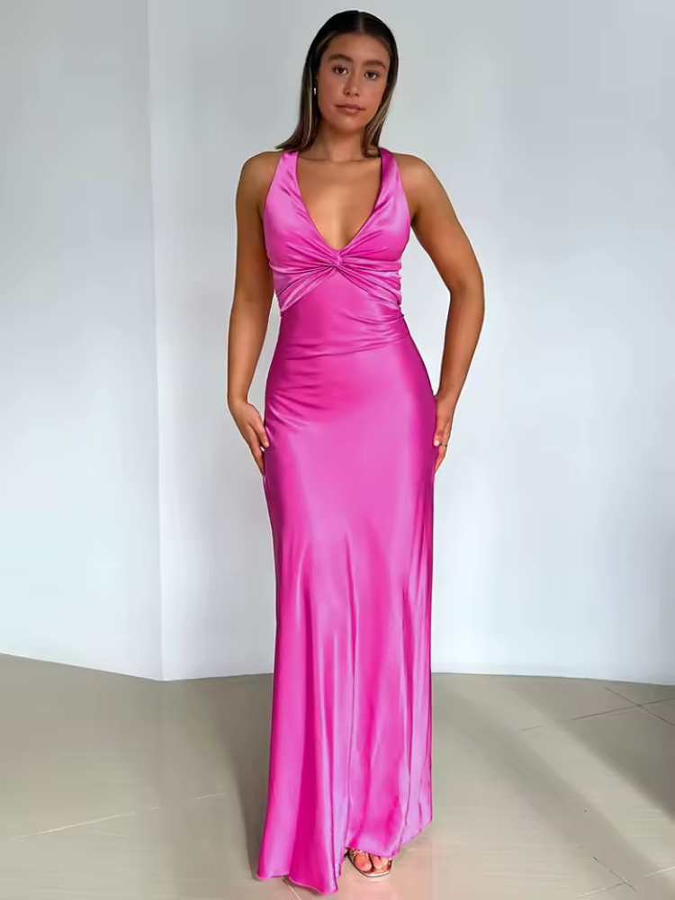 Satin Maxi Dress Open Back with Bow - Women's Formal Evening Gown [Color] — Image 6