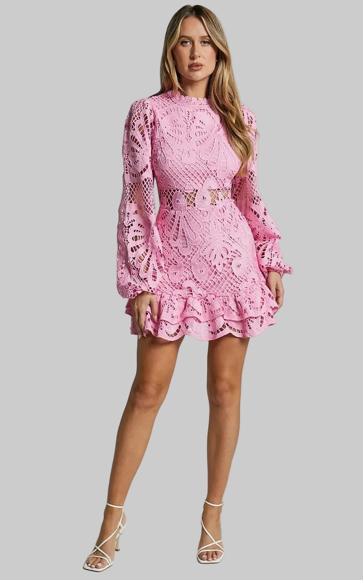 Lace Mini Dress Long Sleeve Ruffle Hem - Various Colors — Image 8