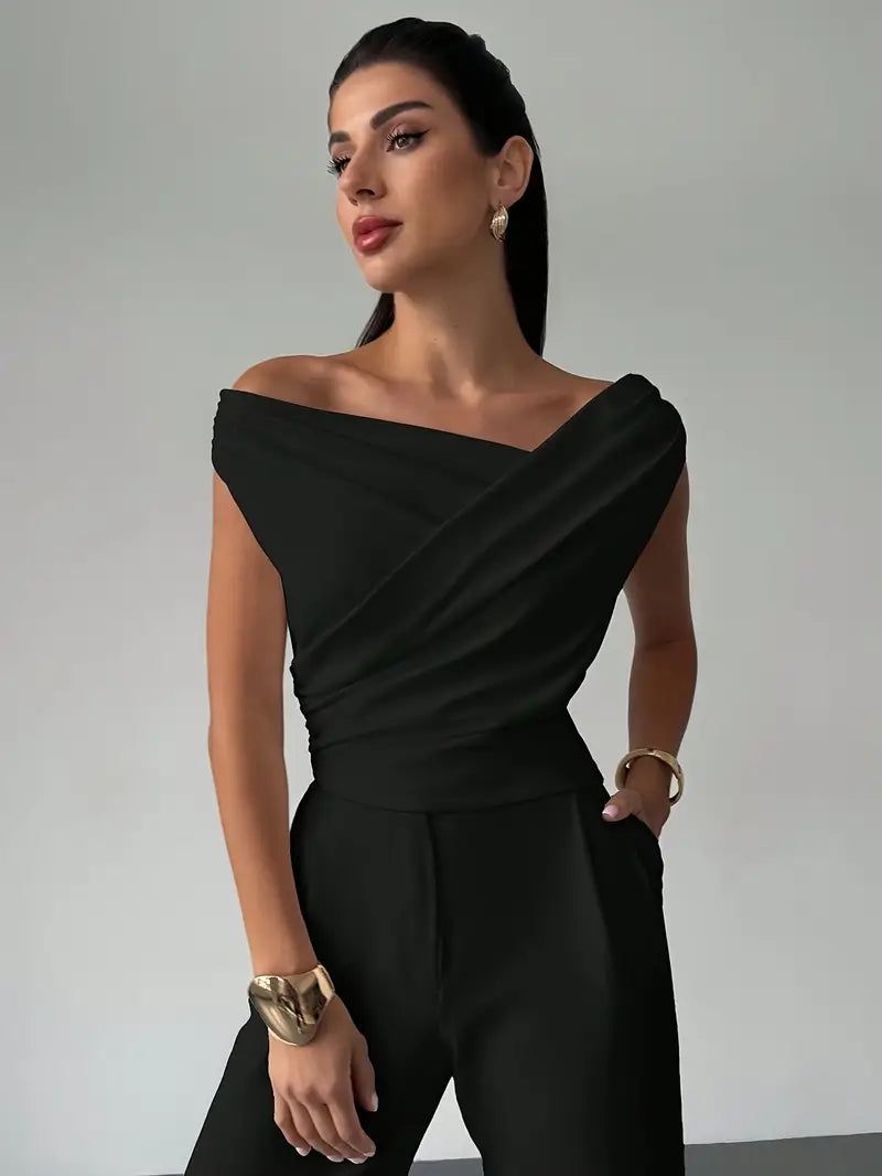 Elegant Off-Shoulder Wrap Top - White Polyester Blouse — Image 8