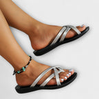Women's Slip-On Sandals Cross Strap Lightweight Casual Flats Black Beige Silver — Image 8