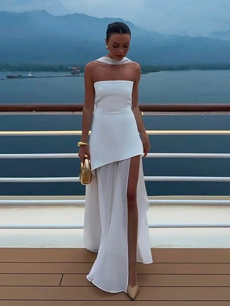 Strapless White Maxi Dress with High Slit and Chiffon Scarf — Main Image