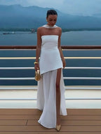 Strapless White Maxi Dress with High Slit and Chiffon Scarf — Main Image