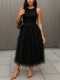 Chic Women's Tulle Midi Skirt A-Line High Waist Layered Ruffle Design - Black, White, Pink, Gray, Brown — Main Image