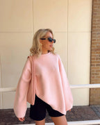 Women's Oversized Knit Sweater Pink Soft Pullover Ribbed Crew Neck — Image 2