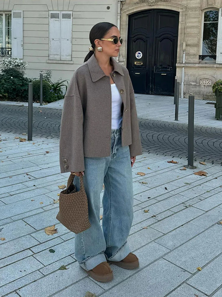 Women's Oversized Wool Blend Jacket Brown Button-Up Casual Outerwear — Image 3