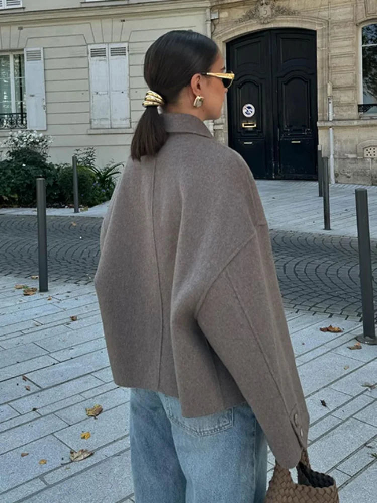 Women's Oversized Wool Blend Jacket Brown Button-Up Casual Outerwear — Image 4