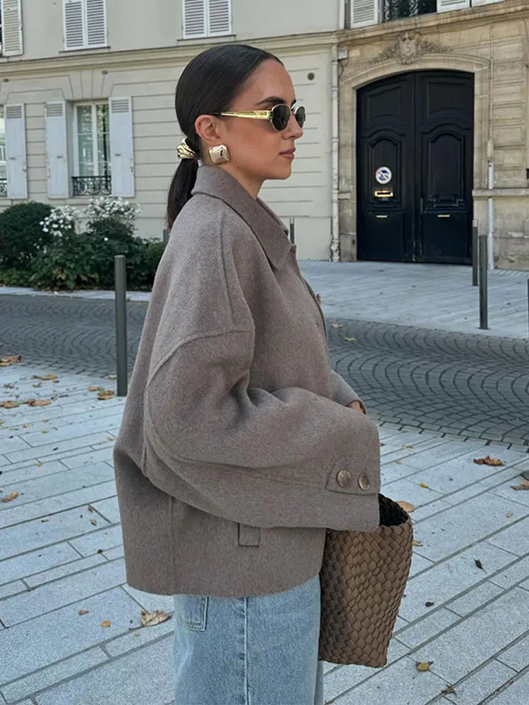 Women's Oversized Wool Blend Jacket Brown Button-Up Casual Outerwear — Image 5