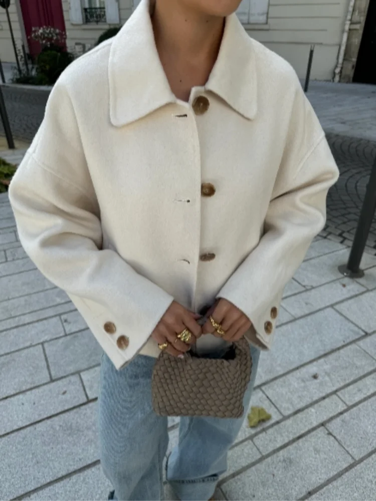Women's Oversized Wool Blend Jacket Brown Button-Up Casual Outerwear — Image 6