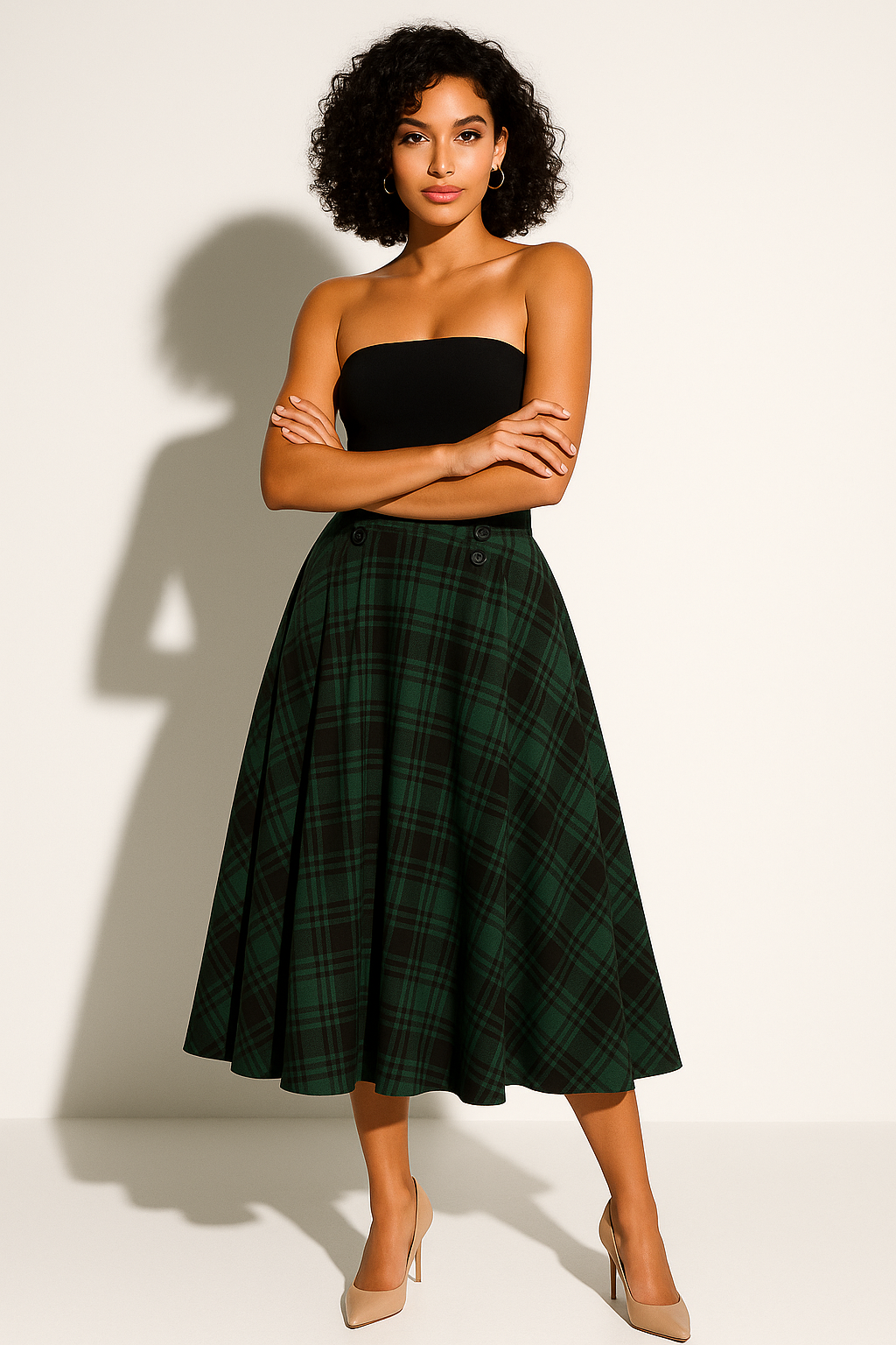 Women's Strapless Plaid Midi Dress A-Line Button Detail Vintage Style — Image 4