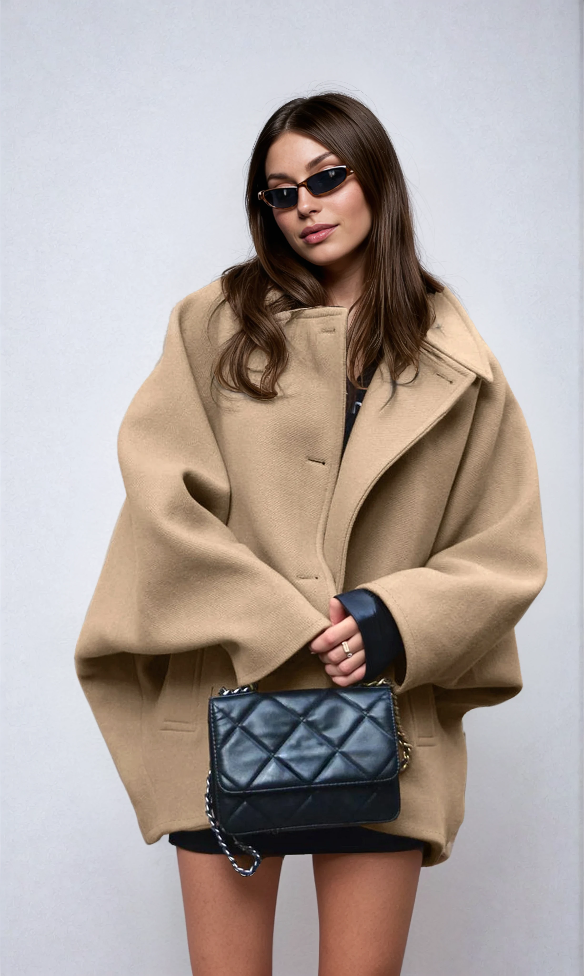 Women's Oversized Wool Blend Coat with Button Closure and Pockets, Beige, Elegant Warm Outerwear — Image 2
