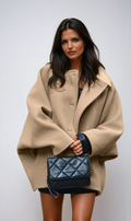 Women's Oversized Wool Blend Coat with Button Closure and Pockets, Beige, Elegant Warm Outerwear — Main Image
