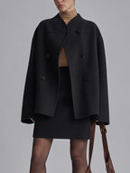 Women's Double-Breasted Wool Blend Cape Coat Black Oversized Elegant Outerwear — Image 4