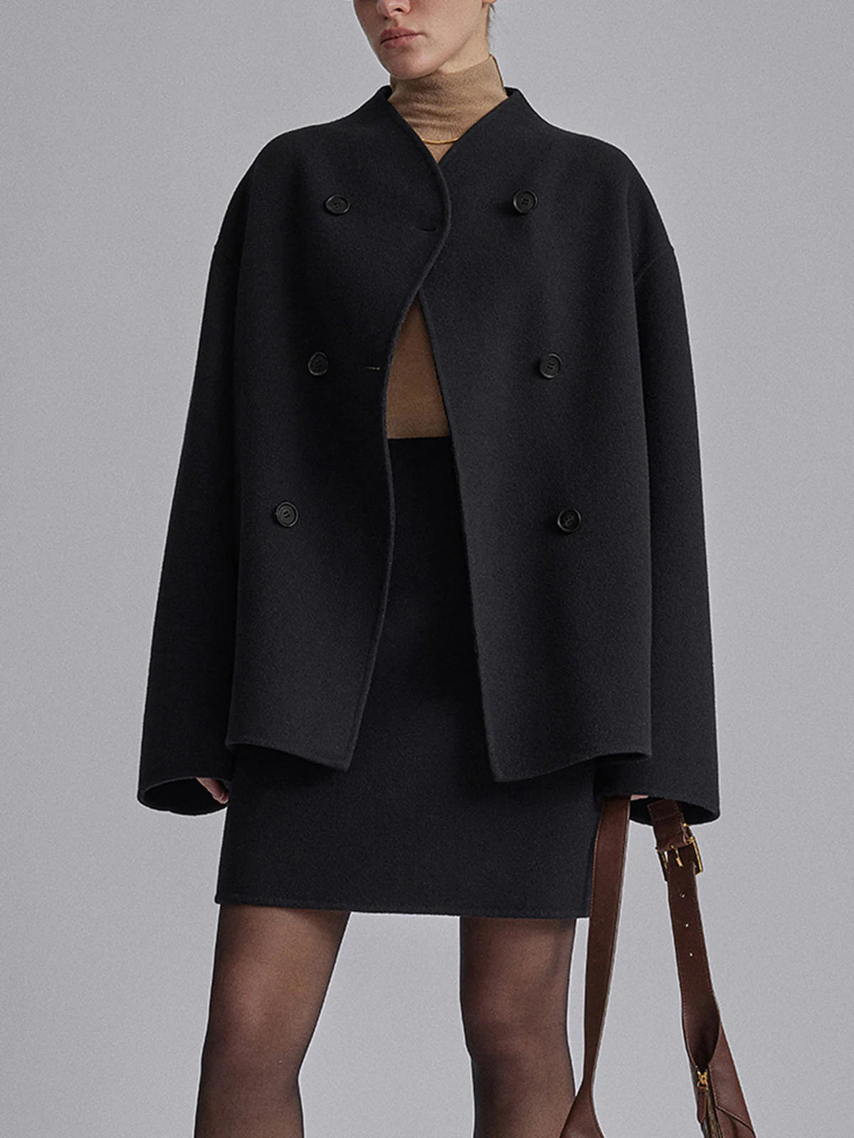Women's Double-Breasted Wool Blend Cape Coat Black Oversized Elegant Outerwear — Image 4
