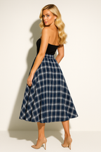 Women's Strapless Plaid Midi Dress A-Line Button Detail Vintage Style — Image 6