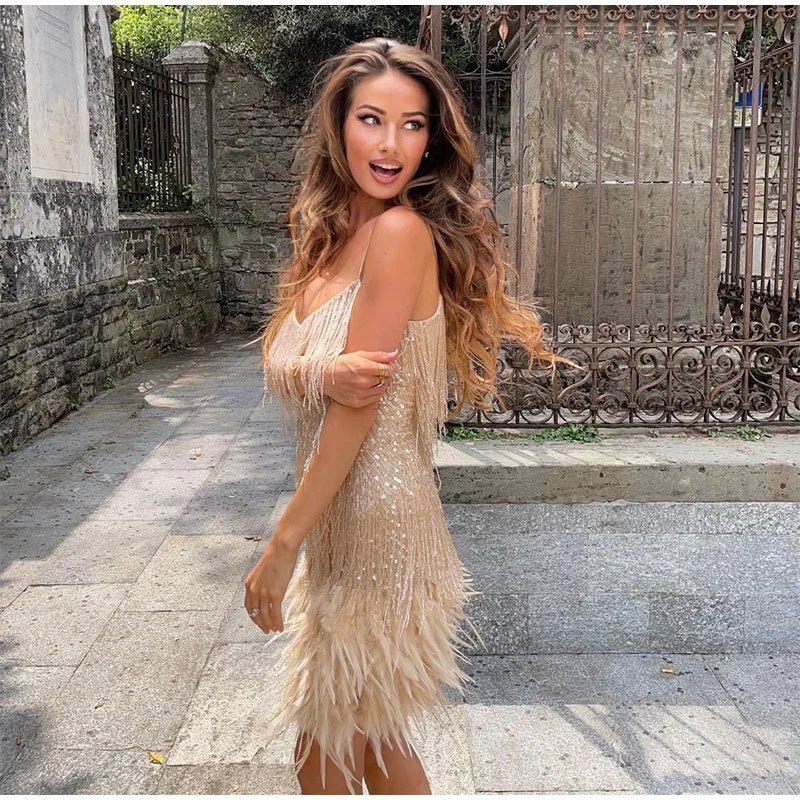 Elegant Sequin Fringe Feather Dress - Women's Party Dress in Multiple Colors — Image 3