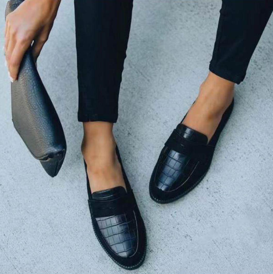 Women's Black Leather Loafers with Croc Pattern, Comfortable Fit — Main Image