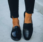 Women's Black Leather Loafers with Croc Pattern, Comfortable Fit — Image 2