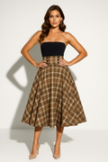 Women's Strapless Plaid Midi Dress A-Line Button Detail Vintage Style — Main Image