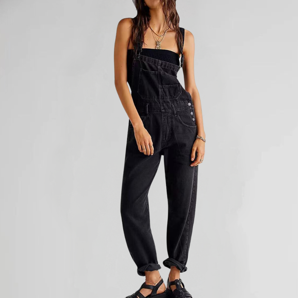 Women's Denim Overalls Relaxed Fit Cotton Jumpsuit Adjustable Straps Pockets — Image 3