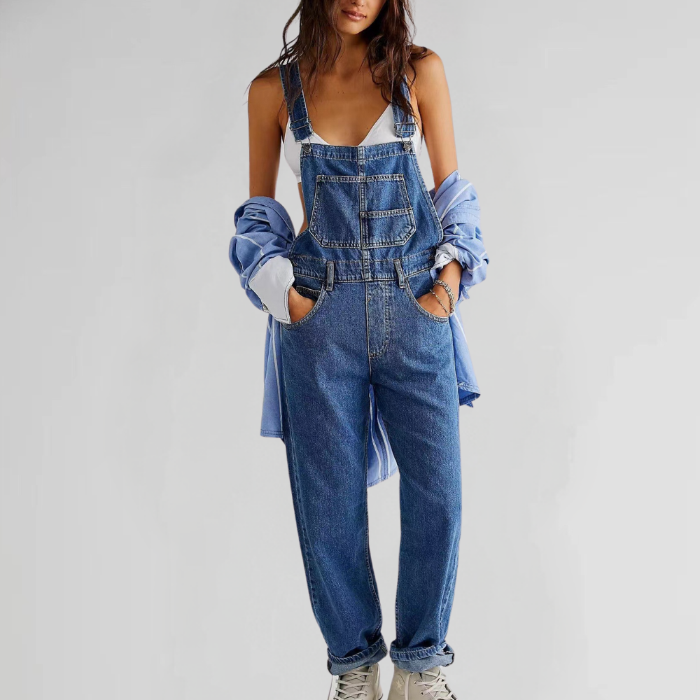 Women's Denim Overalls Relaxed Fit Cotton Jumpsuit Adjustable Straps Pockets — Main Image