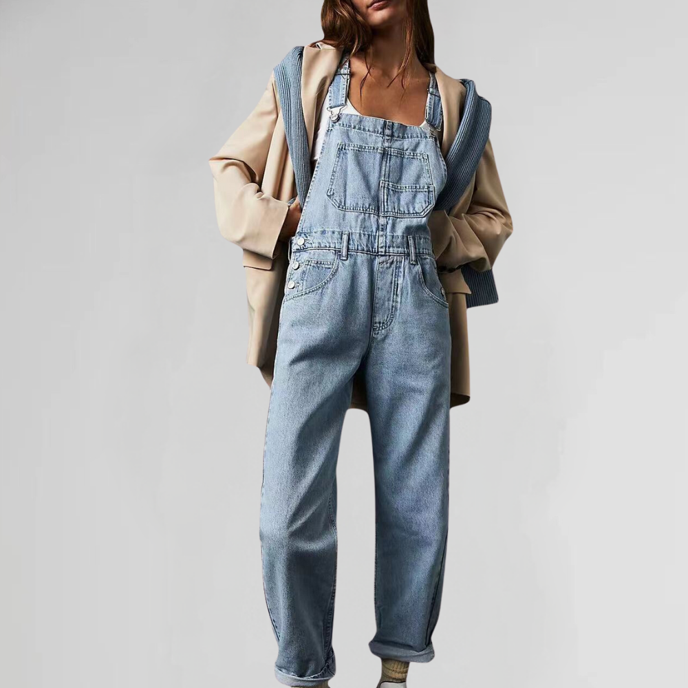 Women's Denim Overalls Relaxed Fit Cotton Jumpsuit Adjustable Straps Pockets — Image 4
