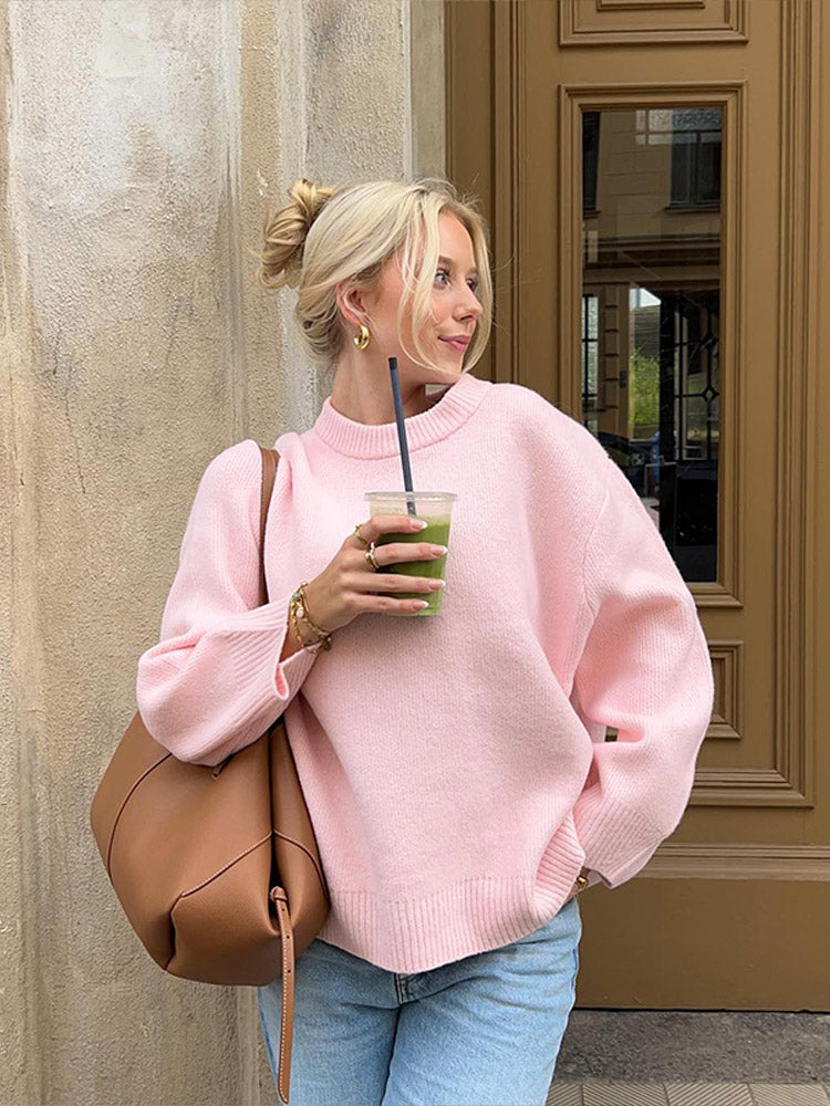 Women's Oversized Knit Sweater Pink Soft Pullover Ribbed Crew Neck — Image 3