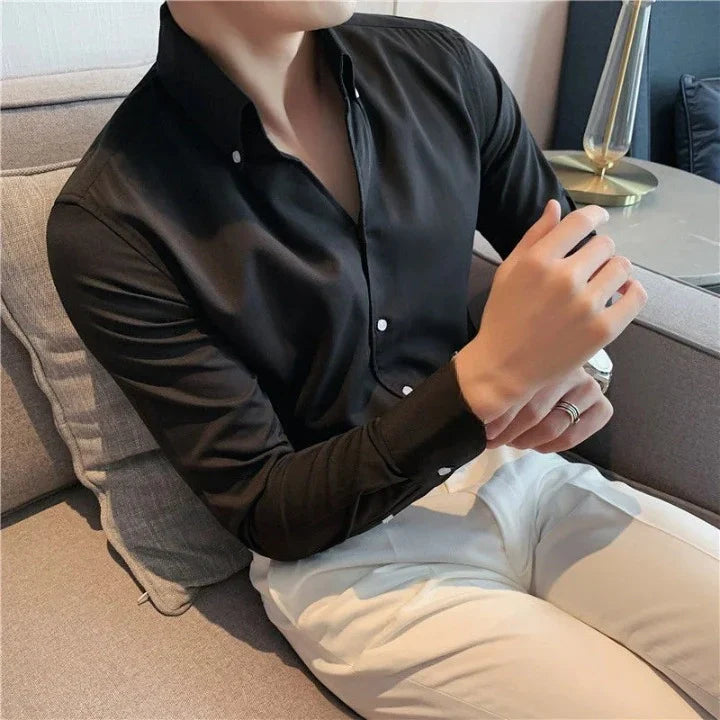 Men's Dress Shirt Slim Fit Cotton Blend Black Long Sleeve Button-Down — Image 2