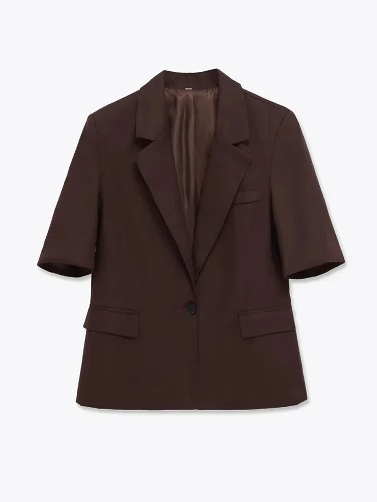 Women's Short Sleeve Blazer Jacket Brown Tailored Fit Lightweight Business Casual — Image 5