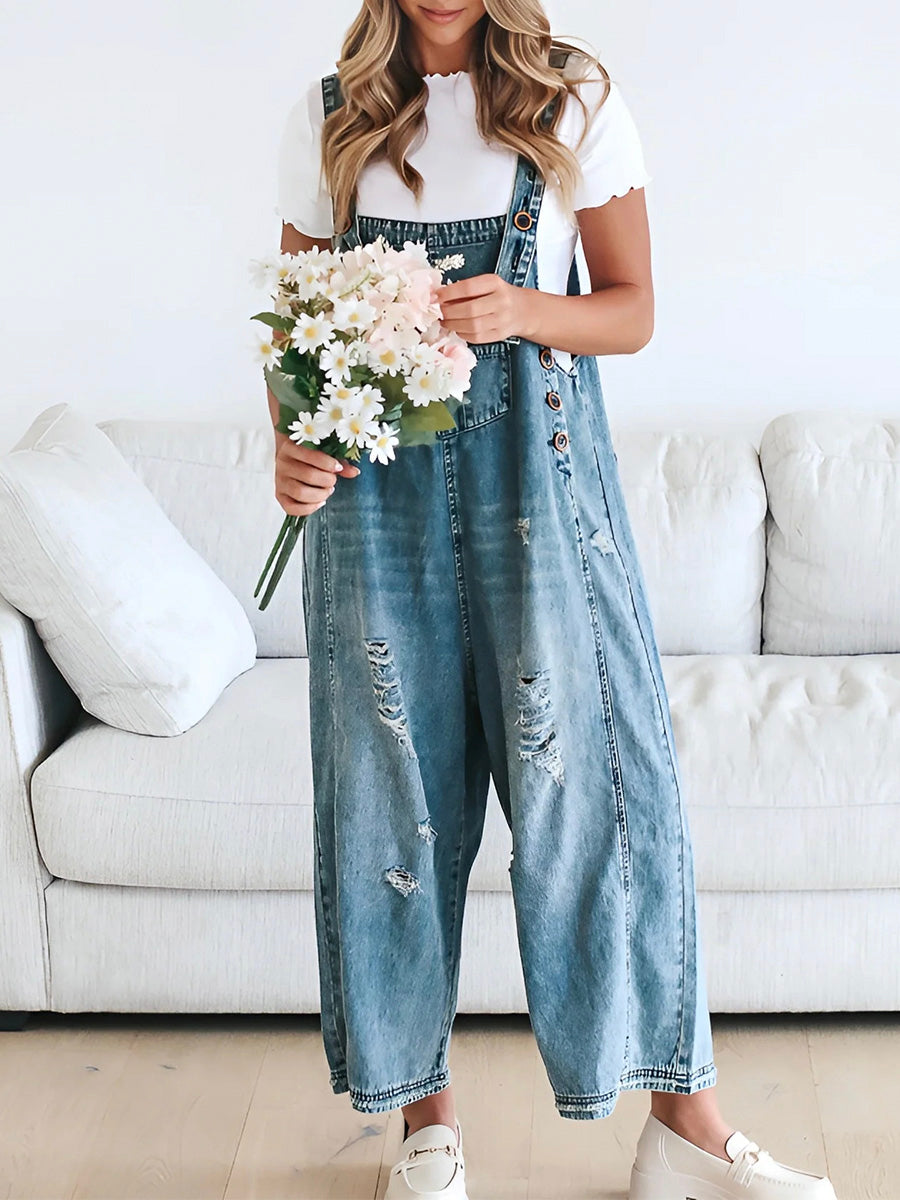 Daisy Women's Denim Overalls | Distressed Wide Leg, Adjustable Fit 2