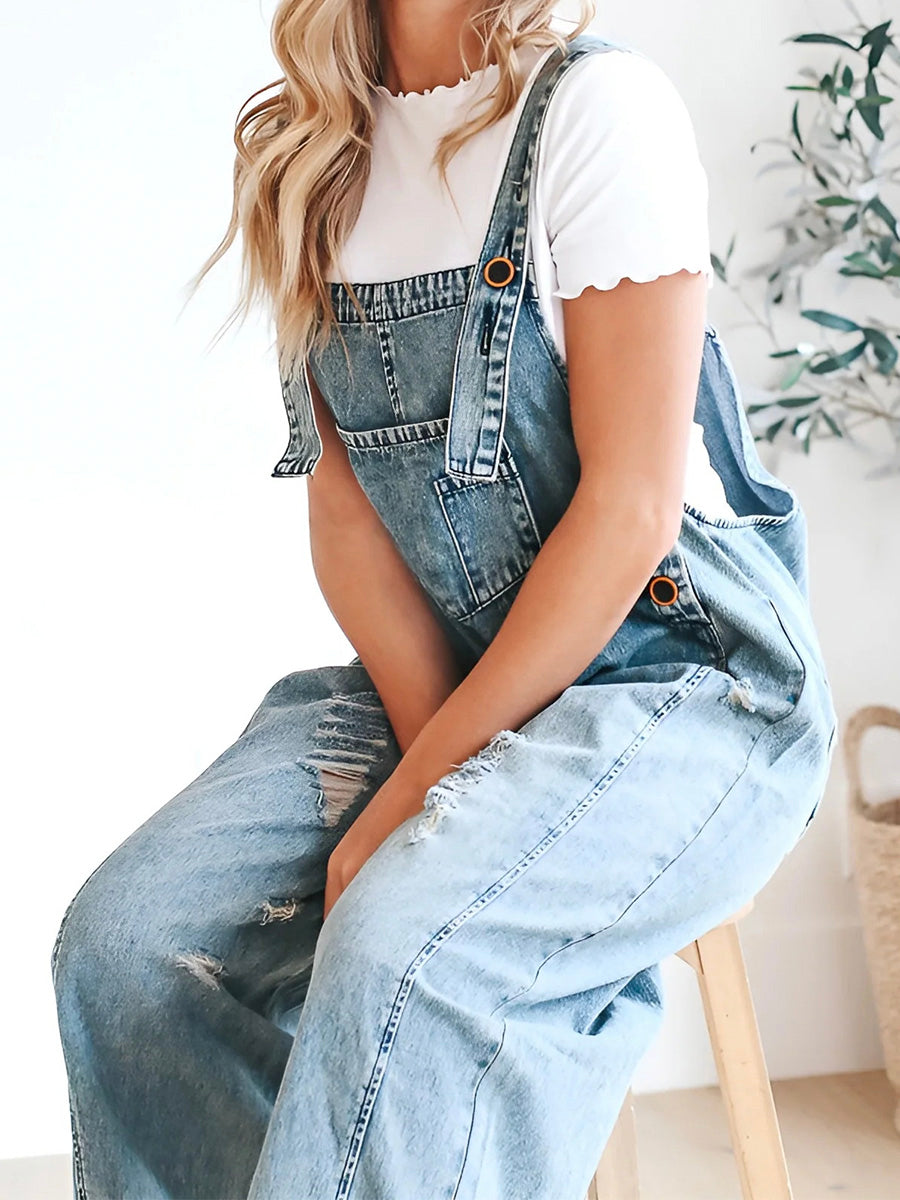 Daisy Women's Denim Overalls | Distressed Wide Leg, Adjustable Fit 3