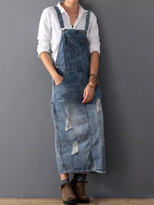 Daisy Women's Overall Dress | Distressed Denim, Adjustable Straps 0