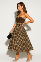 Women's Strapless Plaid Midi Dress A-Line Button Detail Vintage Style — Image 2