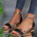 Women's Glitter Block Heel Sandals with Metallic Ankle Strap in Black and Gold — Main Image