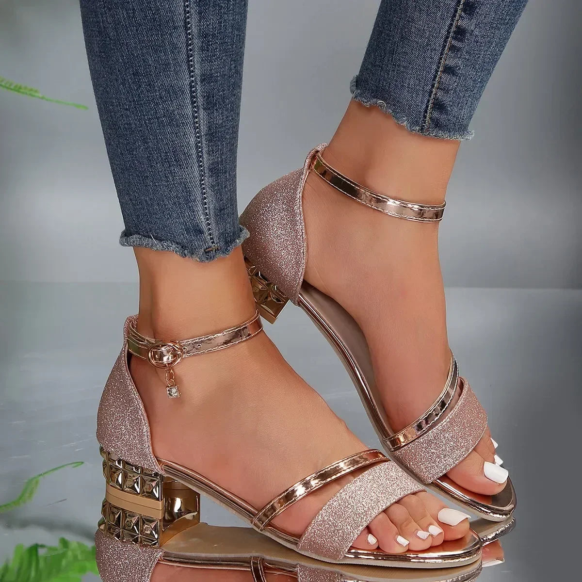 Women's Glitter Block Heel Sandals with Metallic Ankle Strap in Black and Gold — Image 5
