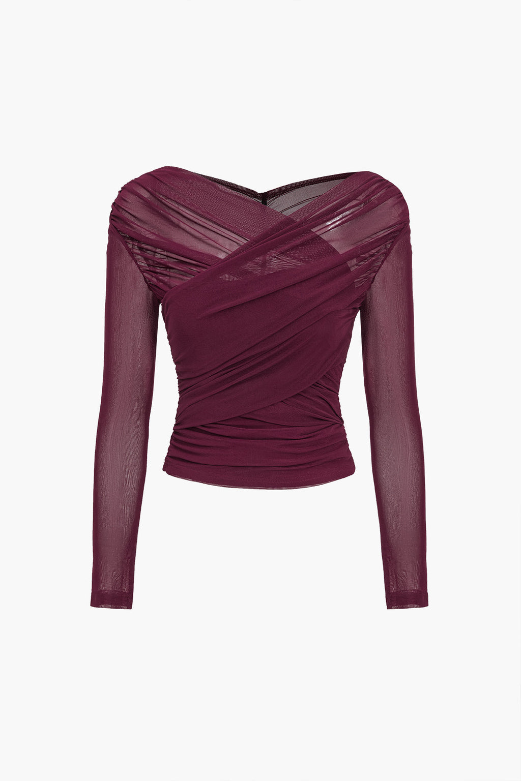 Women's Sheer Mesh Long Sleeve Wrap Top Burgundy Stretchy Ruched Blouse — Image 4