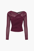 Women's Sheer Mesh Long Sleeve Wrap Top Burgundy Stretchy Ruched Blouse — Image 4